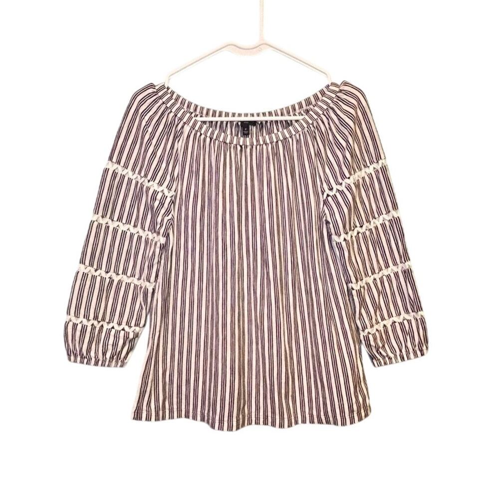 Talbots Petites Black White Striped Top Long Sleeve Ruffle Tier Sleeves